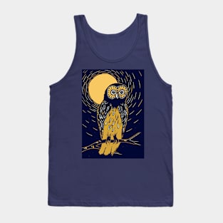 Deep blue and gold linocut of an owl on a moonlit night Tank Top